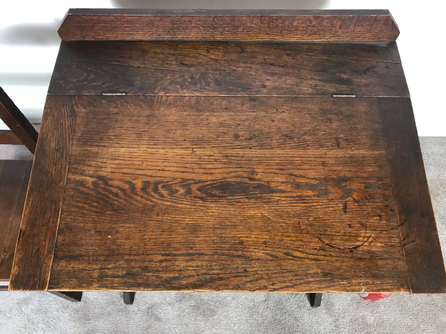 Antique Child's School Slant Top Desk With Hinged Top And Storage Plus Matching Chair 23W X 18D X 30H - Just Added [Photo 10]
