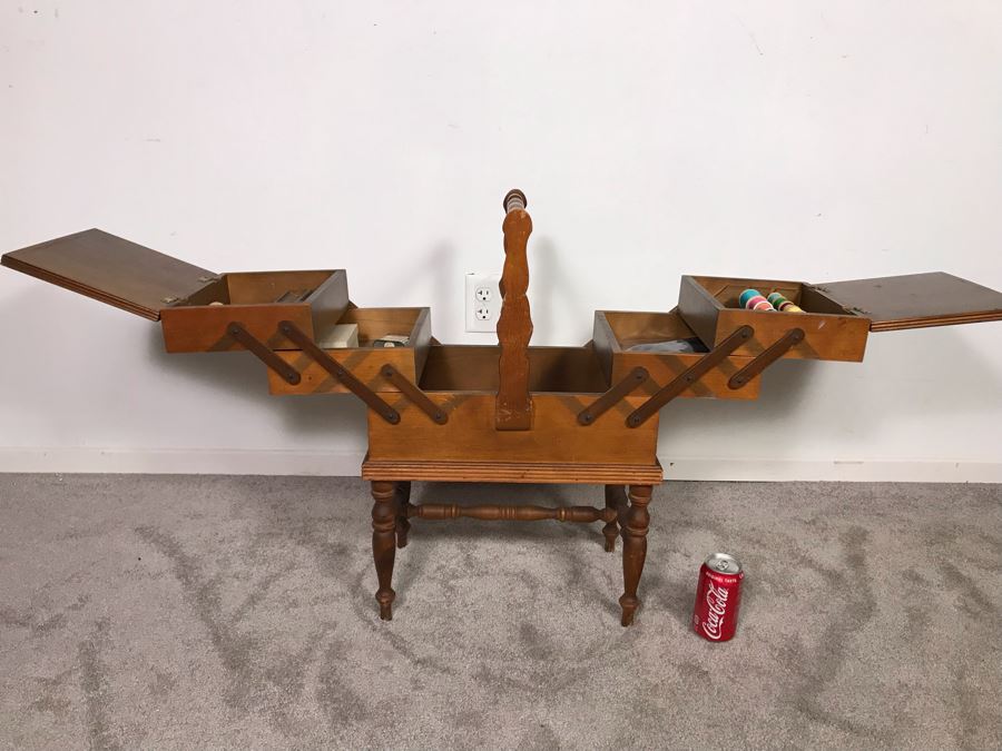Vintage Wooden Fold Out Accordion Sewing Box With Sewing Supplies 17W (Unfolded) X 12D X 25H  - Just Added [Photo 2]