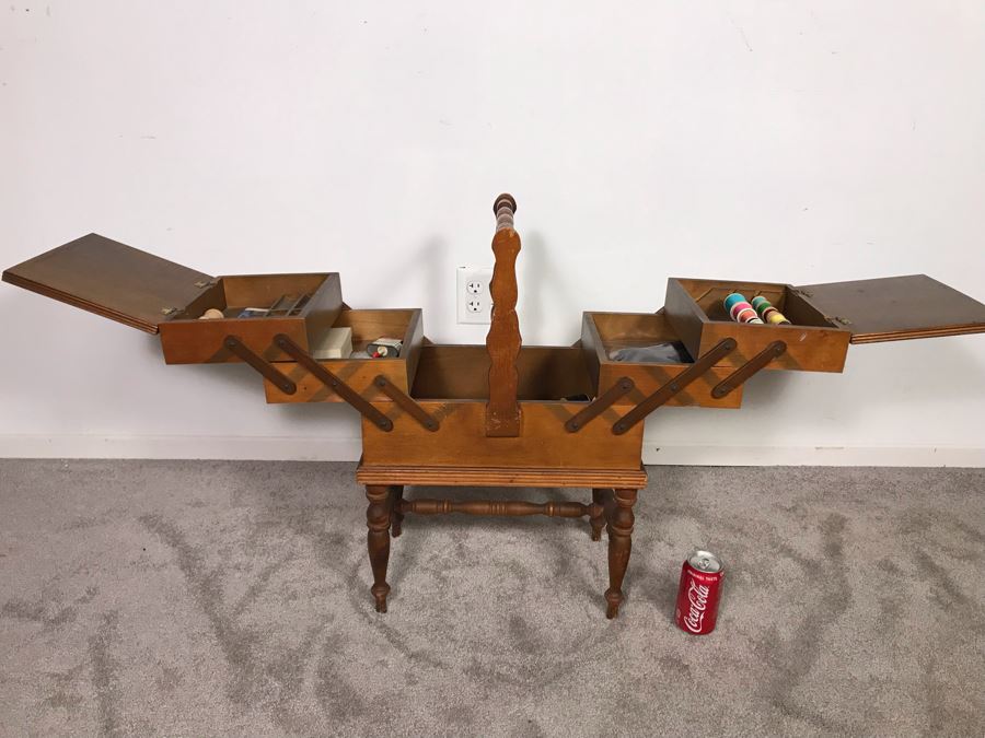 Vintage Wooden Fold Out Accordion Sewing Box With Sewing Supplies 17W (Unfolded) X 12D X 25H  - Just Added [Photo 5]