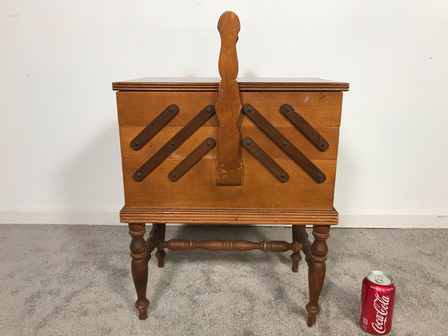 Vintage Wooden Fold Out Accordion Sewing Box With Sewing Supplies 17W (Unfolded) X 12D X 25H  - Just Added [Photo 3]