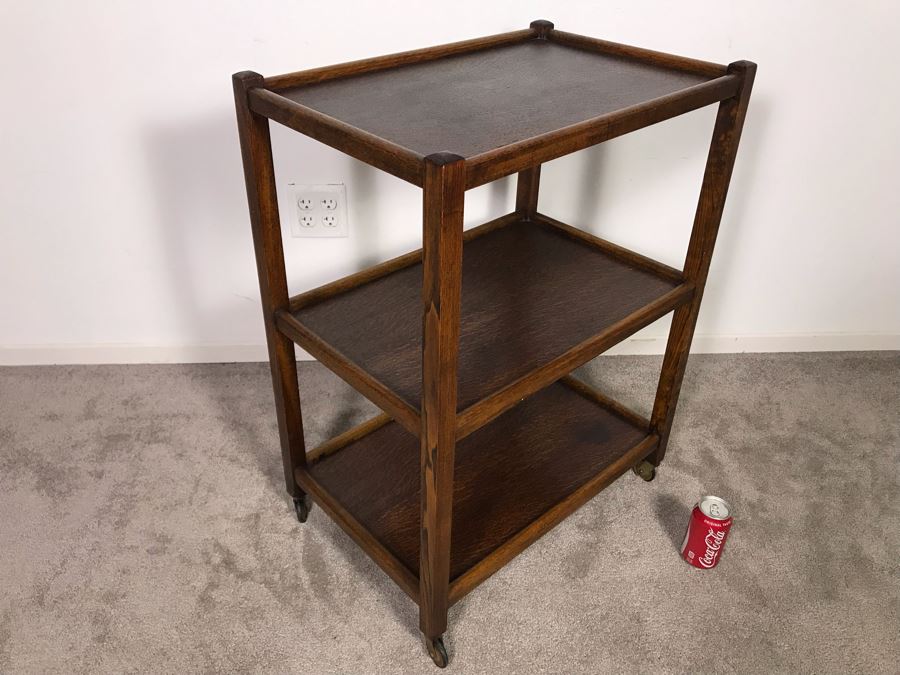 Stunning Antique Tiger Oak 3-Tier Tea Cart Bar Beverage Trolley Cart On Casters With Clean Lines - Just Added [Photo 6]