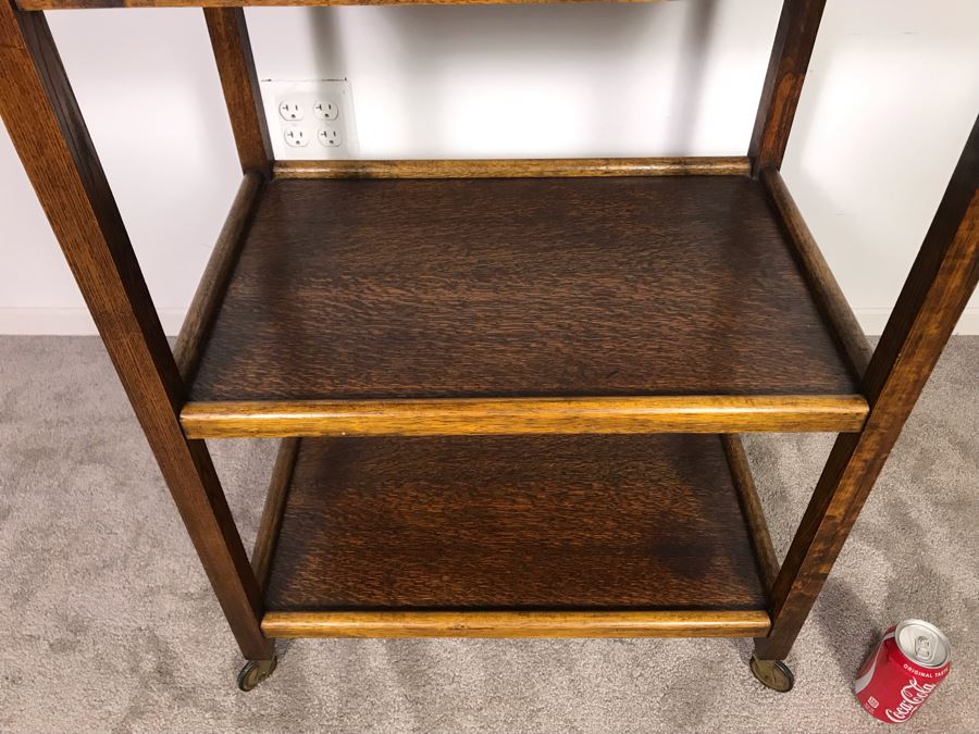 Stunning Antique Tiger Oak 3-Tier Tea Cart Bar Beverage Trolley Cart On Casters With Clean Lines - Just Added [Photo 4]