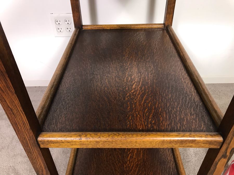 Stunning Antique Tiger Oak 3-Tier Tea Cart Bar Beverage Trolley Cart On Casters With Clean Lines - Just Added [Photo 8]