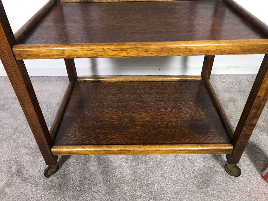 Stunning Antique Tiger Oak 3-Tier Tea Cart Bar Beverage Trolley Cart On Casters With Clean Lines - Just Added [Photo 5]