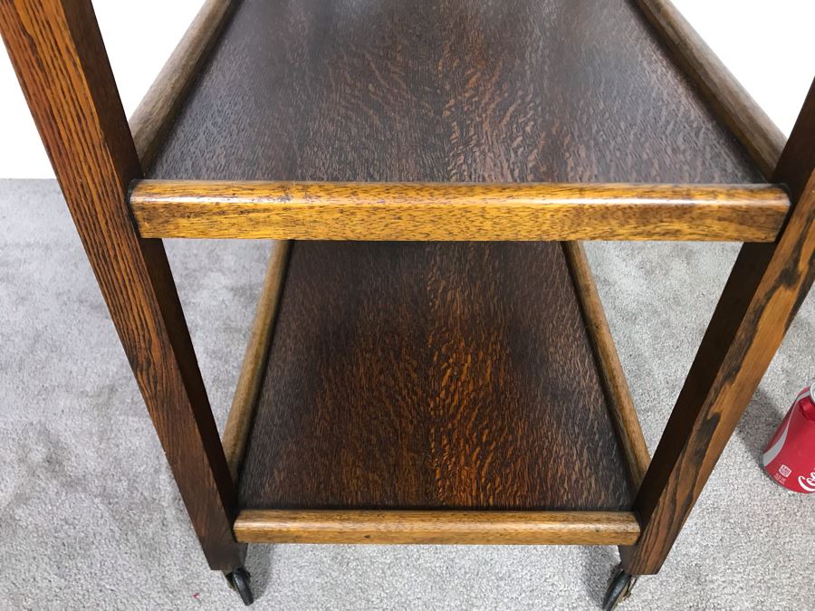 Stunning Antique Tiger Oak 3-Tier Tea Cart Bar Beverage Trolley Cart On Casters With Clean Lines - Just Added [Photo 9]