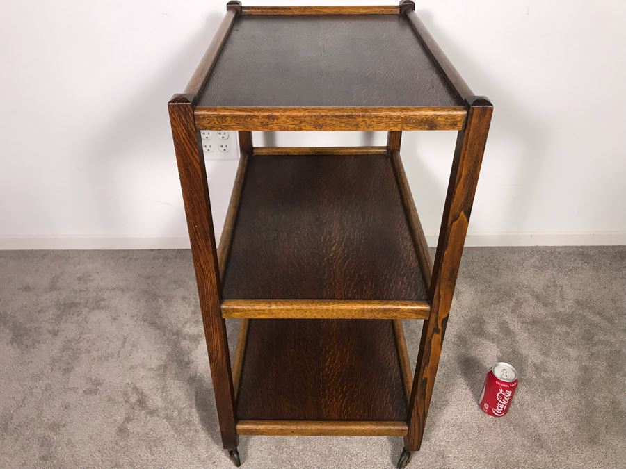 Stunning Antique Tiger Oak 3-Tier Tea Cart Bar Beverage Trolley Cart On Casters With Clean Lines - Just Added [Photo 7]