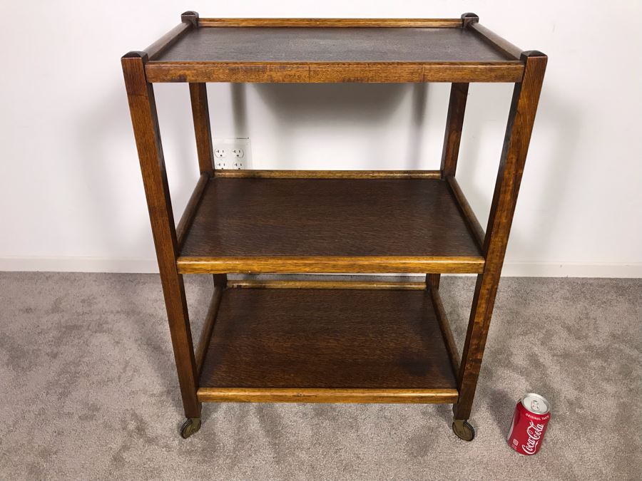 Stunning Antique Tiger Oak 3-Tier Tea Cart Bar Beverage Trolley Cart On Casters With Clean Lines - Just Added