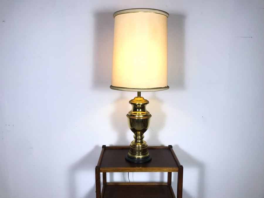 Vintage Heavy Brass Urn Table Lamp With Wooden Base - Label's Been Removed - Probably Stiffel - Just Added [Photo 3]