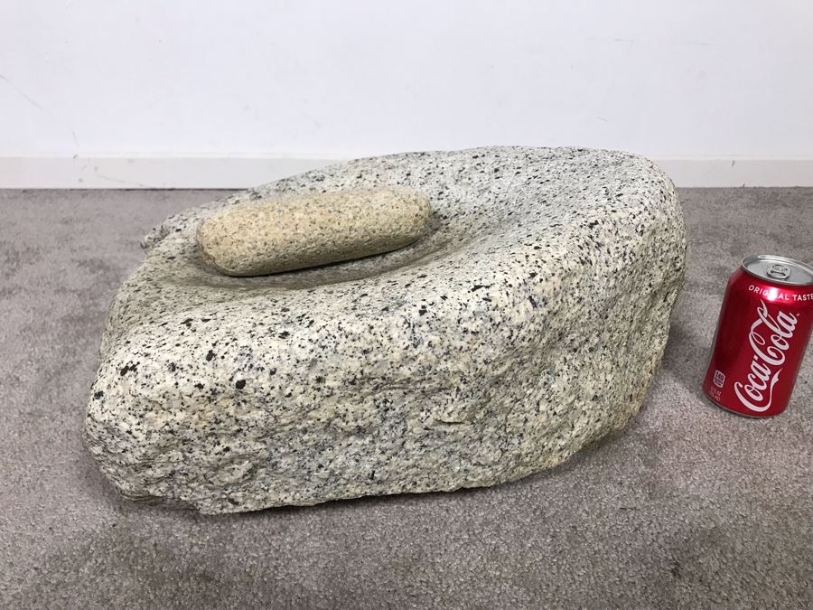 Huge Native American Natural Stone Metate And Mano Grinding Stone Well Used - Very Heavy To Lift 15W X 16D X 8H - Just Added [Photo 3]