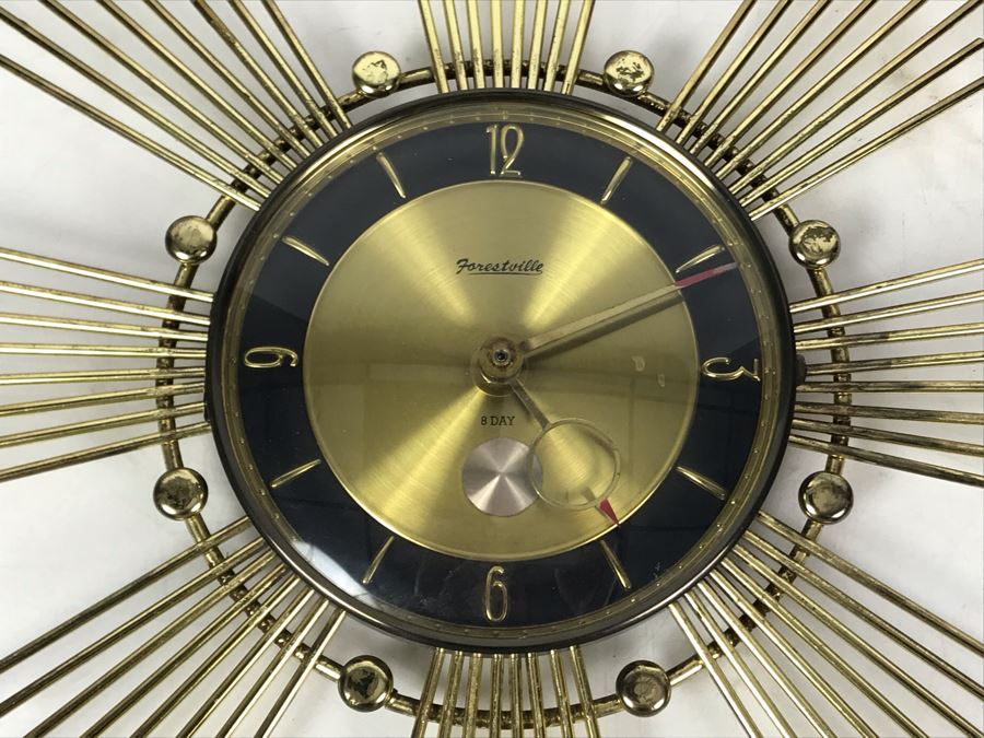 Mid-Century Sunburst Metal Wall Clock By Forestville - Converted To Battery Powered Movement 26W - Just Added [Photo 7]