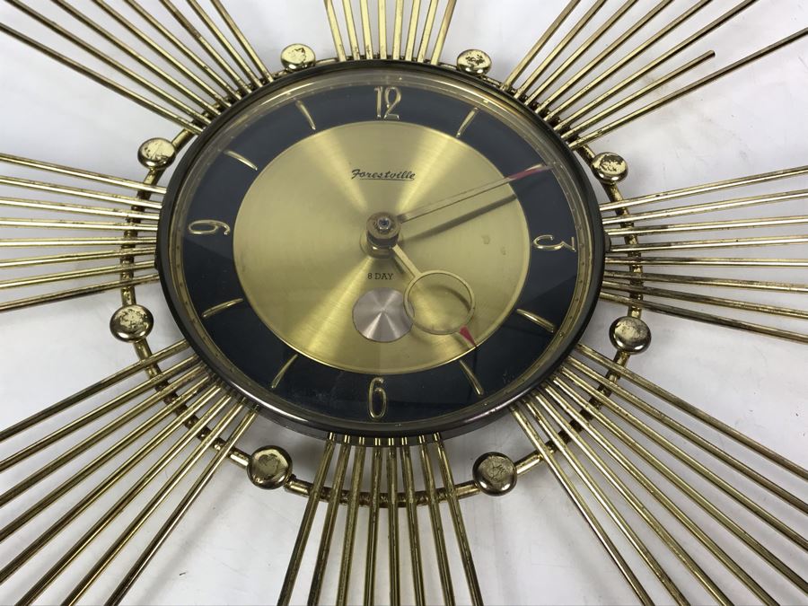 Mid-Century Sunburst Metal Wall Clock By Forestville - Converted To Battery Powered Movement 26W - Just Added [Photo 5]