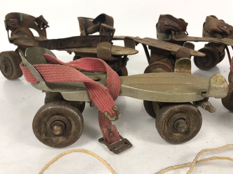 (3) Pairs Of Vintage Metal Roller Skates With Key Just Added