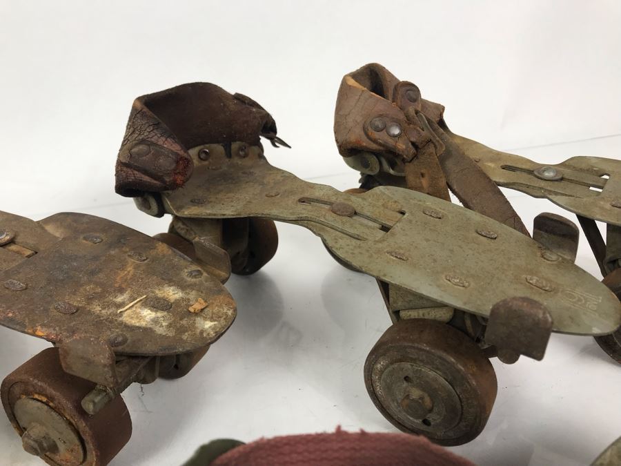 (3) Pairs Of Vintage Metal Roller Skates With Key Just Added