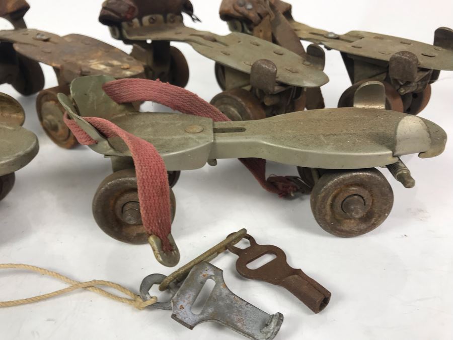 (3) Pairs Of Vintage Metal Roller Skates With Key Just Added