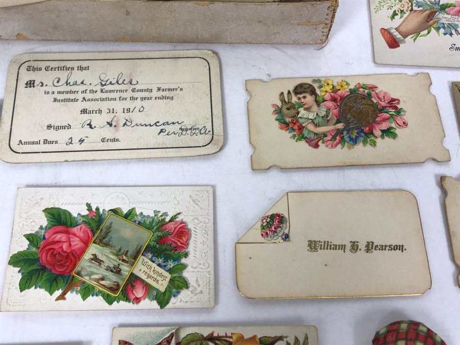 Large Collection Of Antique Calling Cards Visiting Cards Compliments Cards Victorian Showing Some Samples Plus Box At Top Is Filled - See Photos - Just Added [Photo 16]