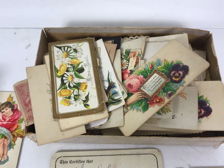 Large Collection Of Antique Calling Cards Visiting Cards Compliments Cards Victorian Showing Some Samples Plus Box At Top Is Filled - See Photos - Just Added [Photo 5]