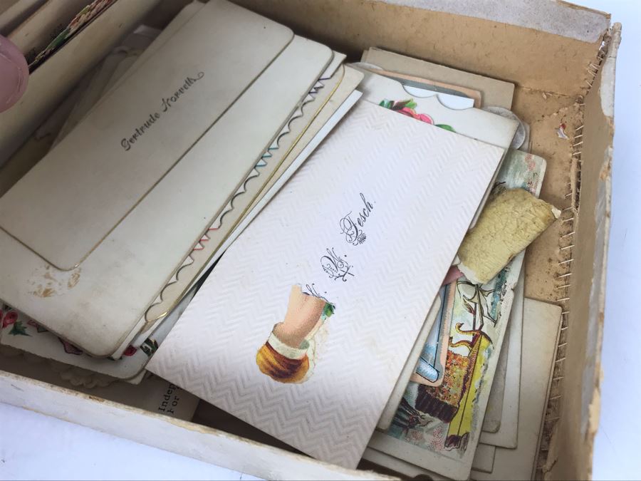 Large Collection Of Antique Calling Cards Visiting Cards Compliments Cards Victorian Showing Some Samples Plus Box At Top Is Filled - See Photos - Just Added [Photo 24]