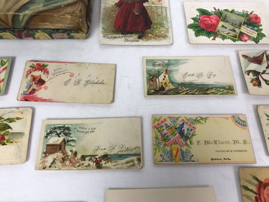 Large Collection Of Antique Calling Cards Visiting Cards Compliments Cards Victorian Showing Some Samples Plus Box At Top Is Filled - See Photos - Just Added [Photo 13]
