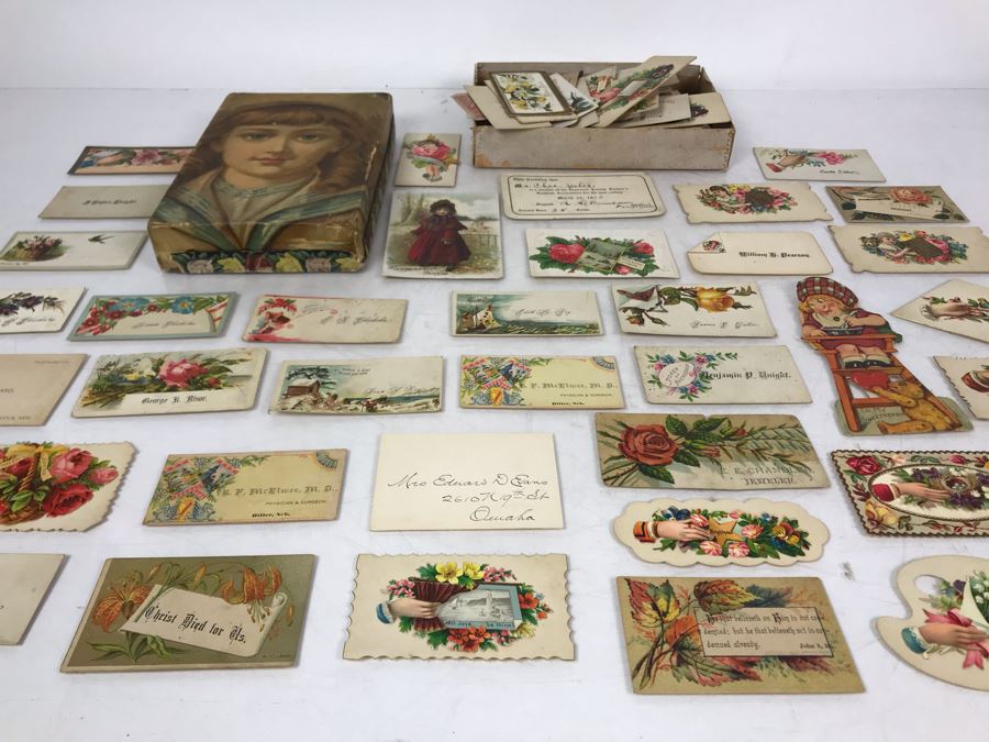 Large Collection Of Antique Calling Cards Visiting Cards Compliments Cards Victorian Showing Some Samples Plus Box At Top Is Filled - See Photos - Just Added [Photo 6]