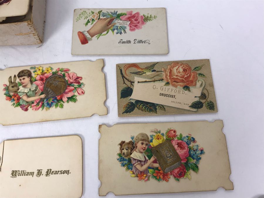 Large Collection Of Antique Calling Cards Visiting Cards Compliments Cards Victorian Showing Some Samples Plus Box At Top Is Filled - See Photos - Just Added [Photo 17]