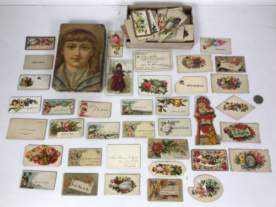 Large Collection Of Antique Calling Cards Visiting Cards Compliments Cards Victorian Showing Some Samples Plus Box At Top Is Filled - See Photos [Photo 1]