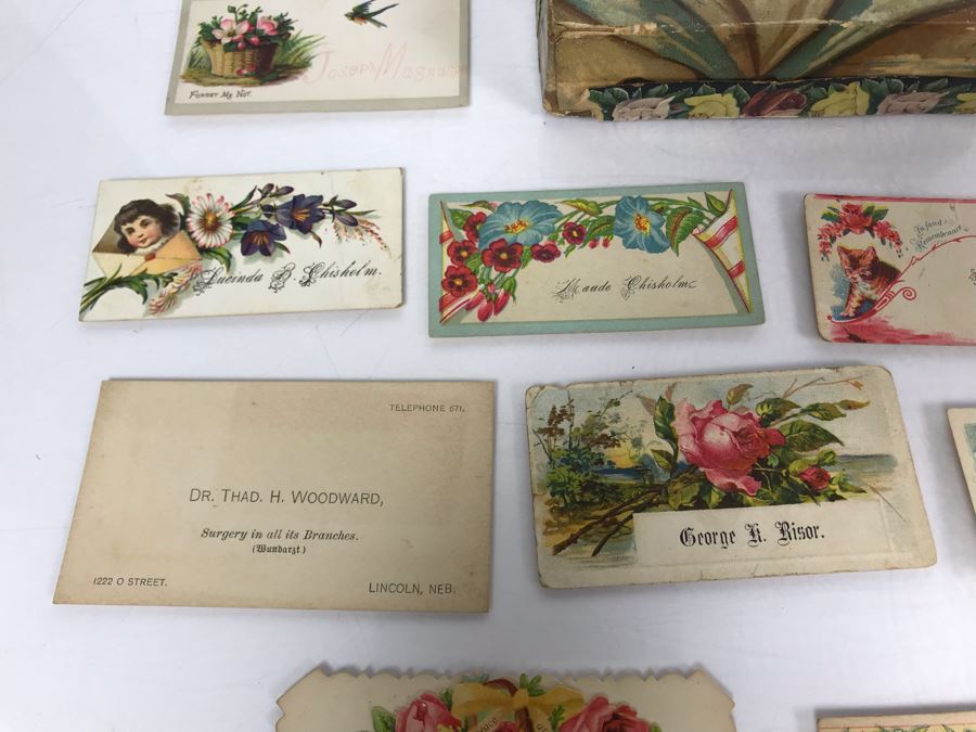 Large Collection Of Antique Calling Cards Visiting Cards Compliments Cards Victorian Showing Some Samples Plus Box At Top Is Filled - See Photos - Just Added [Photo 12]