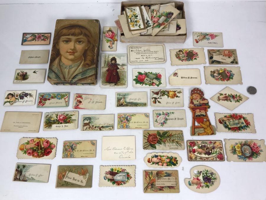 Large Collection Of Antique Calling Cards Visiting Cards Compliments Cards Victorian Showing Some Samples Plus Box At Top Is Filled - See Photos - Just Added [Photo 2]