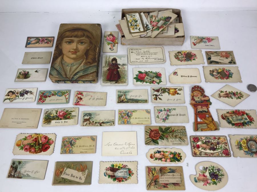 Large Collection Of Antique Calling Cards Visiting Cards Compliments Cards Victorian Showing Some Samples Plus Box At Top Is Filled - See Photos - Just Added [Photo 4]