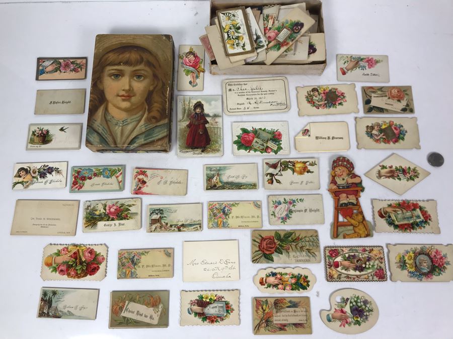 Large Collection Of Antique Calling Cards Visiting Cards Compliments Cards Victorian Showing Some Samples Plus Box At Top Is Filled - See Photos - Just Added [Photo 3]