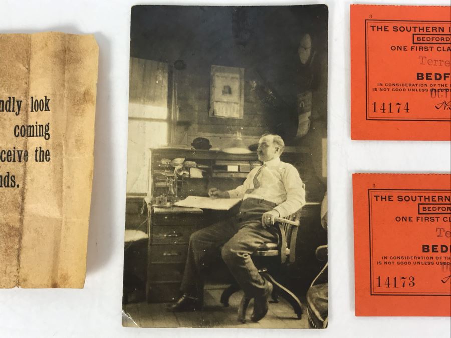 Antique 1902 First Class Passage Railroad Tickets Southern Indiana Railway, Old Photo Postcard Train Office Of Saint Charles Air Line RR Chicago, Old RR Passenger Just Married Paper & Grand Army Of The Republic Women's Relief Corp Ribbon - Just Added [Photo 5]