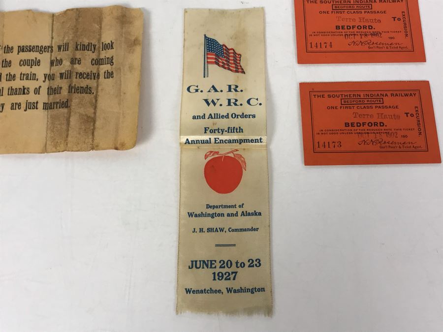 Antique 1902 First Class Passage Railroad Tickets Southern Indiana Railway, Old Photo Postcard Train Office Of Saint Charles Air Line RR Chicago, Old RR Passenger Just Married Paper & Grand Army Of The Republic Women's Relief Corp Ribbon - Just Added [Photo 11]