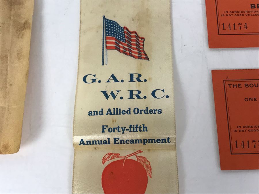 Antique 1902 First Class Passage Railroad Tickets Southern Indiana Railway, Old Photo Postcard Train Office Of Saint Charles Air Line RR Chicago, Old RR Passenger Just Married Paper & Grand Army Of The Republic Women's Relief Corp Ribbon - Just Added [Photo 12]