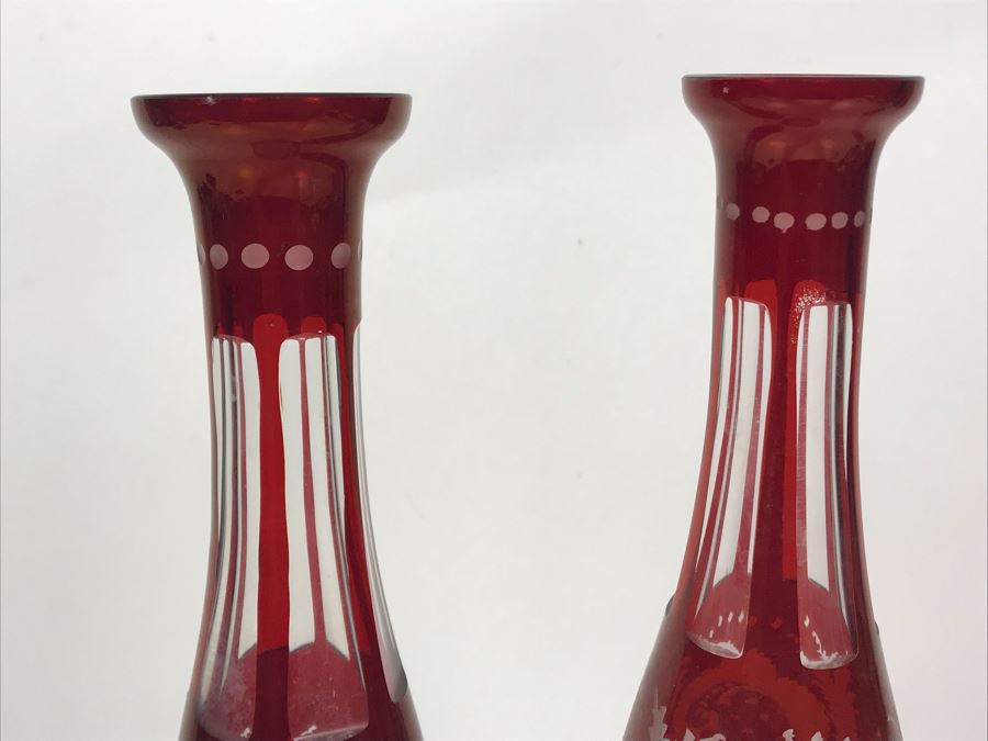 Pair Of Hand Blown Czechoslovakian Bottles 12.5H X 3.25W - Just Added
