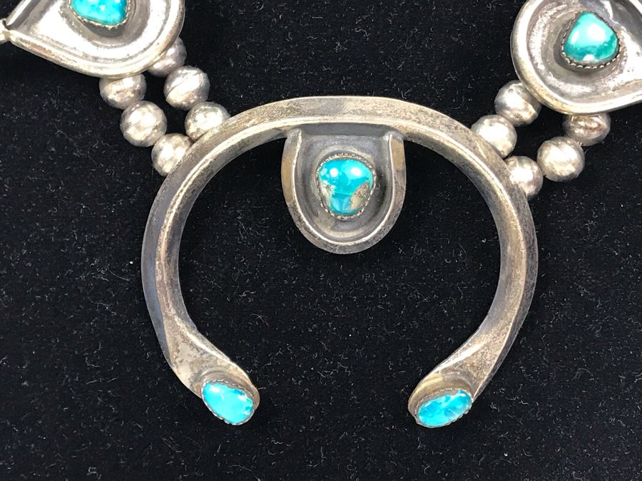 Stunning Old Native American Sterling Silver And Turquoise Squash Blossom Statement Necklace 210g - See Photos For Note - Just Added [Photo 7]