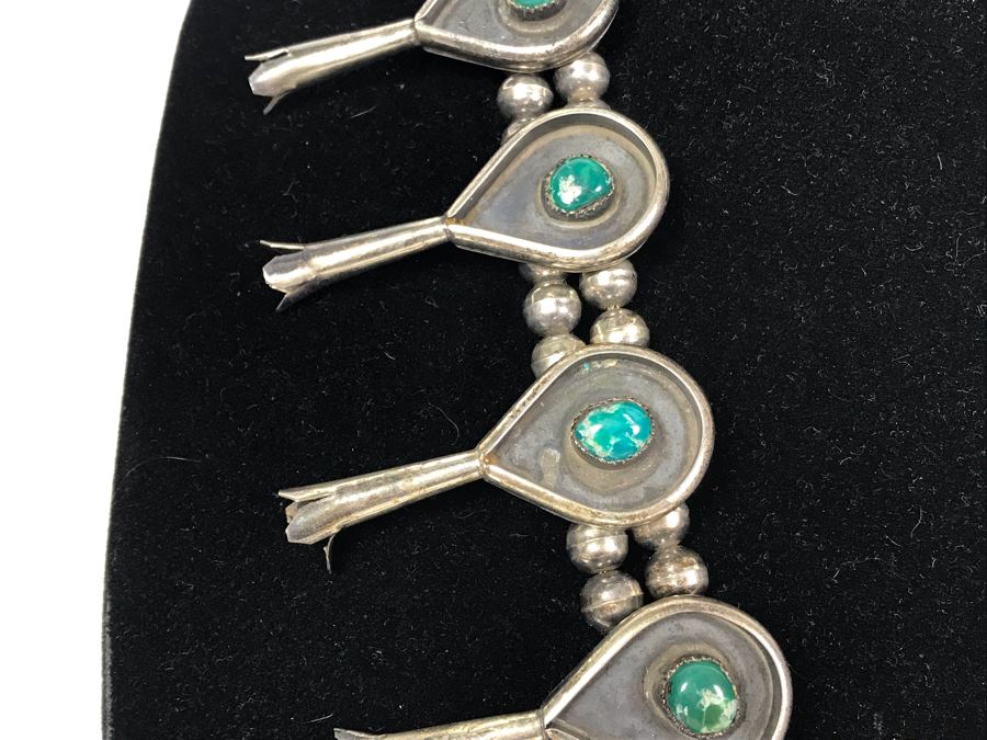 Stunning Old Native American Sterling Silver And Turquoise Squash Blossom Statement Necklace 210g - See Photos For Note - Just Added [Photo 14]