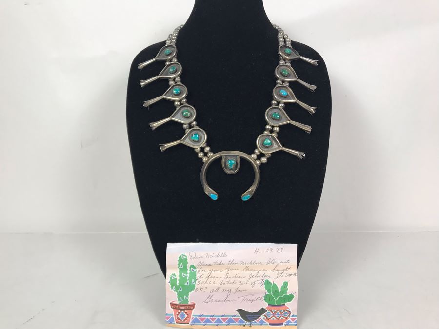 Stunning Old Native American Sterling Silver And Turquoise Squash Blossom Statement Necklace 210g - See Photos For Note - Just Added [Photo 2]