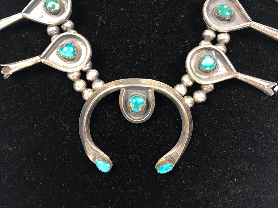 Stunning Old Native American Sterling Silver And Turquoise Squash Blossom Statement Necklace 210g - See Photos For Note - Just Added [Photo 6]