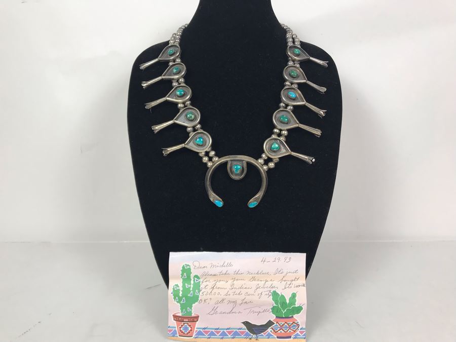 Stunning Old Native American Sterling Silver And Turquoise Squash Blossom Statement Necklace 210g - See Photos For Note - Just Added [Photo 4]
