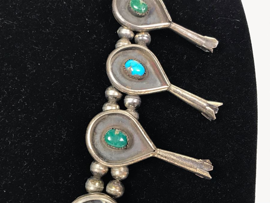 Stunning Old Native American Sterling Silver And Turquoise Squash Blossom Statement Necklace 210g - See Photos For Note - Just Added [Photo 17]