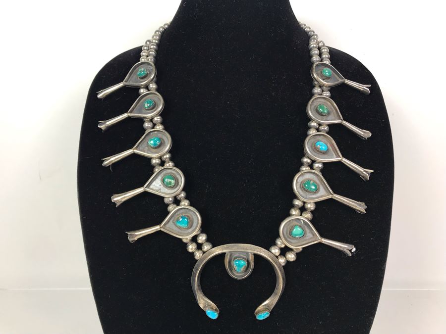Stunning Old Native American Sterling Silver And Turquoise Squash Blossom Statement Necklace 210g - See Photos For Note - Just Added [Photo 1]