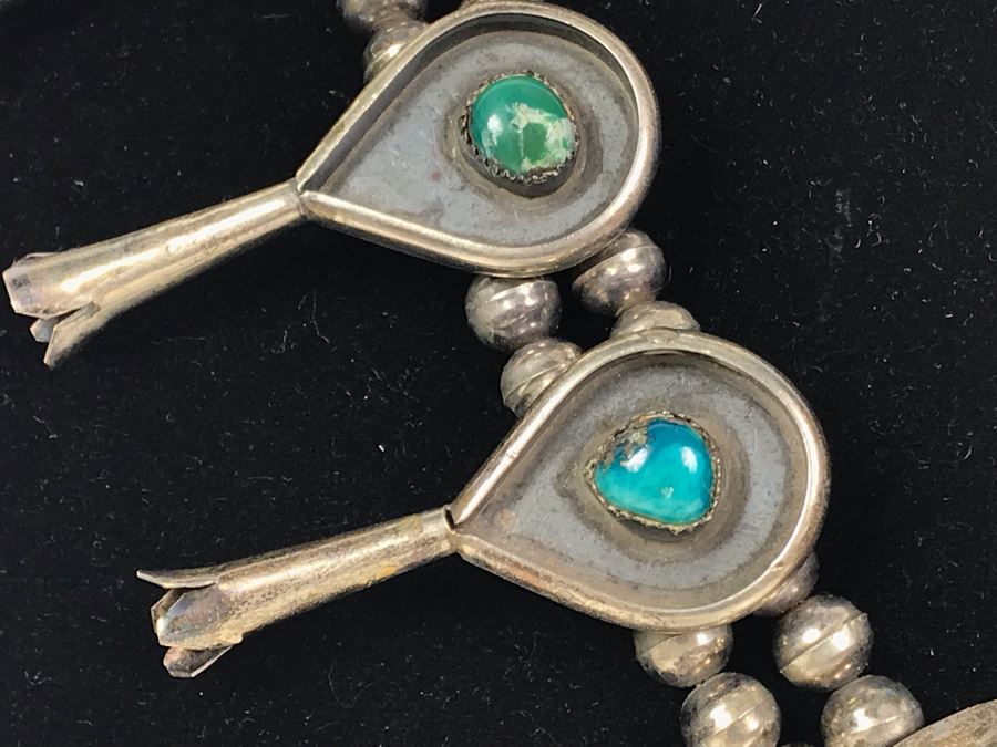 Stunning Old Native American Sterling Silver And Turquoise Squash Blossom Statement Necklace 210g - See Photos For Note - Just Added [Photo 12]