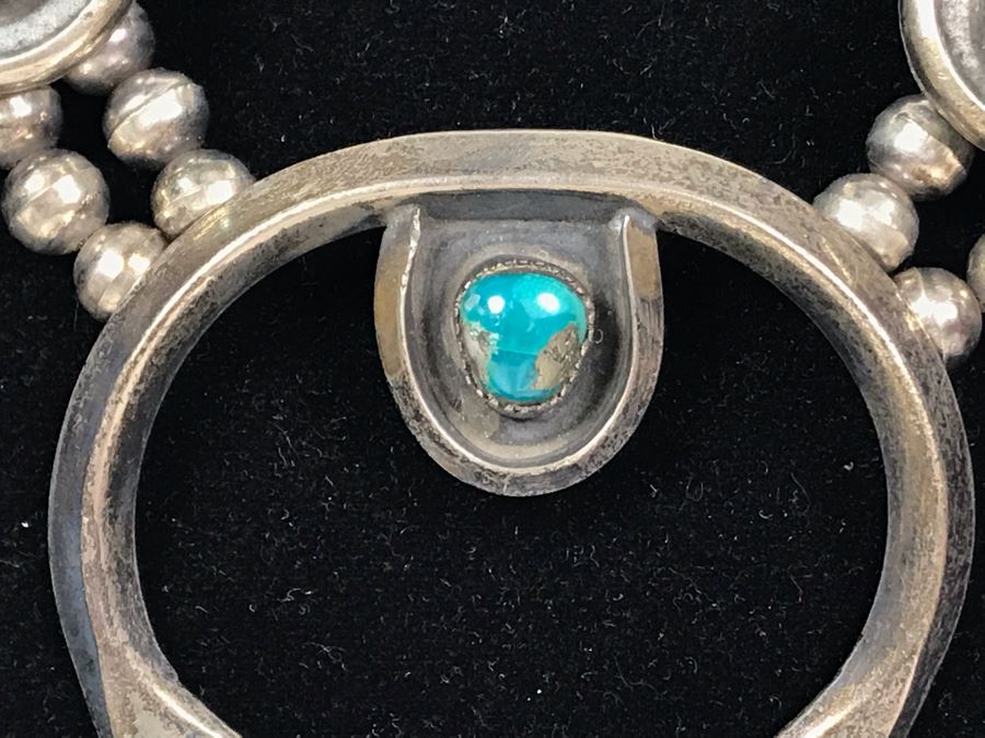 Stunning Old Native American Sterling Silver And Turquoise Squash Blossom Statement Necklace 210g - See Photos For Note - Just Added [Photo 10]