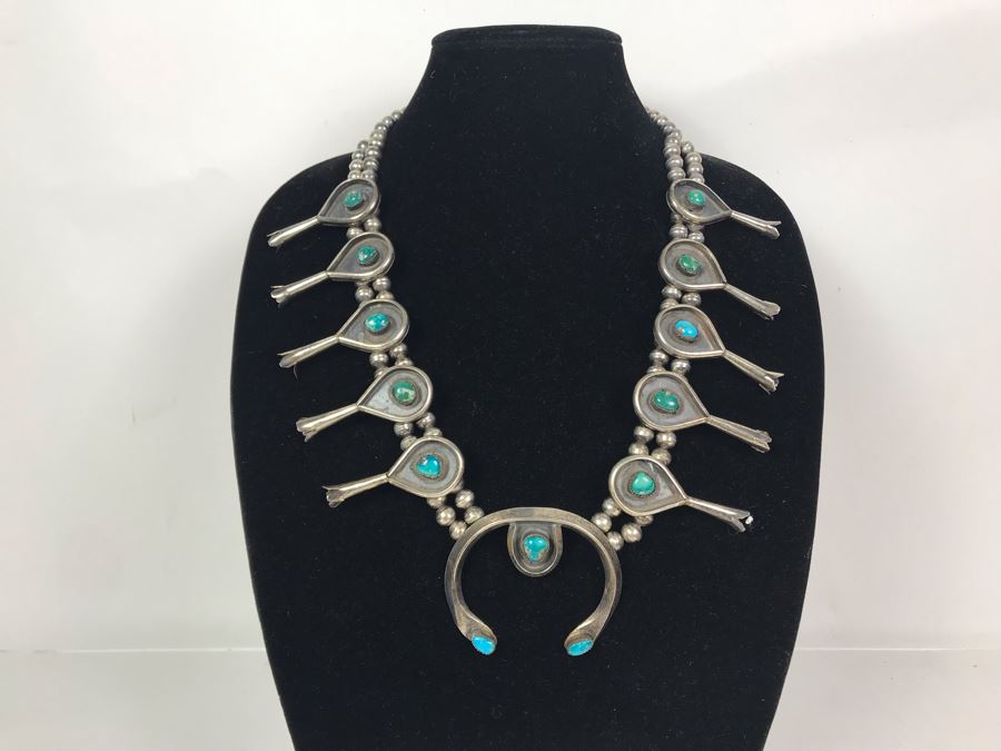 Stunning Old Native American Sterling Silver And Turquoise Squash Blossom Statement Necklace 210g - See Photos For Note - Just Added [Photo 5]