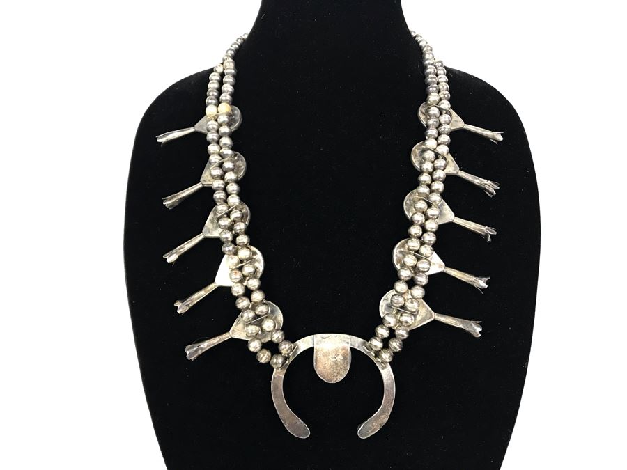 Stunning Old Native American Sterling Silver And Turquoise Squash Blossom Statement Necklace 210g - See Photos For Note - Just Added [Photo 22]