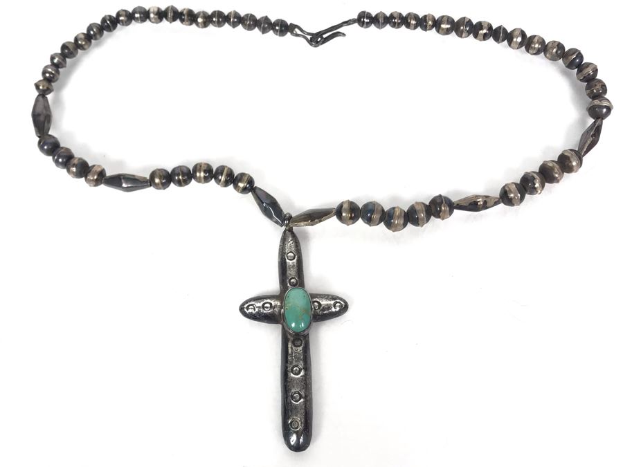 Vintage Old Pawn Native American Sterling Silver Turquoise Cross Pendant Necklace 48g - Just Added [Photo 1]