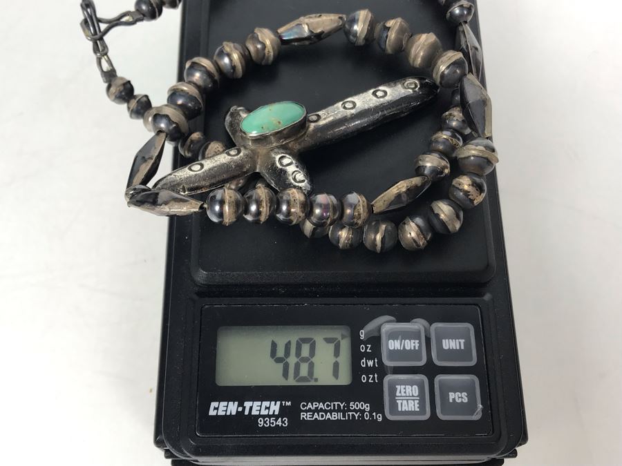 Vintage Old Pawn Native American Sterling Silver Turquoise Cross Pendant Necklace 48g - Just Added [Photo 12]