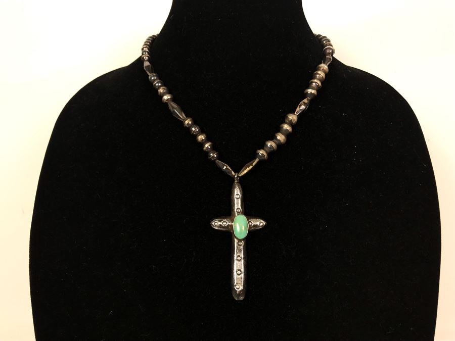 Vintage Old Pawn Native American Sterling Silver Turquoise Cross Pendant Necklace 48g - Just Added [Photo 3]