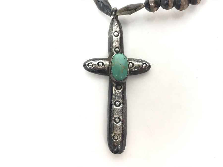 Vintage Old Pawn Native American Sterling Silver Turquoise Cross Pendant Necklace 48g - Just Added [Photo 11]