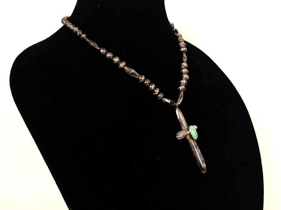 Vintage Old Pawn Native American Sterling Silver Turquoise Cross Pendant Necklace 48g - Just Added [Photo 4]