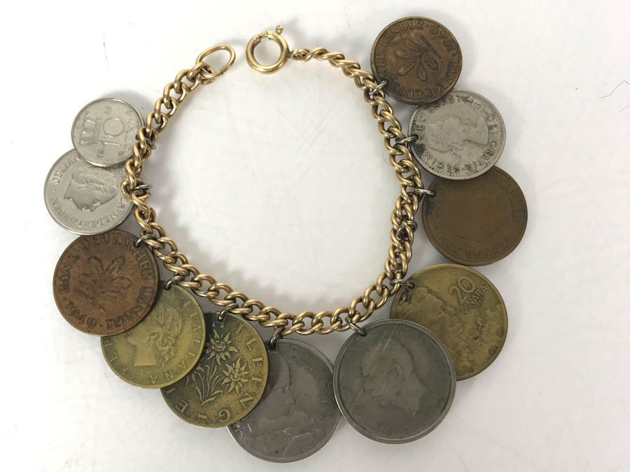 Mid-Century Charm Bracelet With Mid-Century Foreign Coins On Gold Filled Bracelet - Just Added [Photo 1]